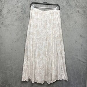 Boho Cottagecore Rayon Tiered Maxi Skirt Beige Floral Flowy Large Picnic Party